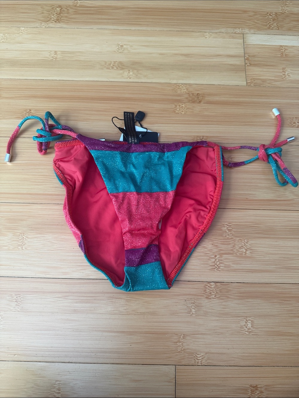 Striped Glitter Side-Tie Bikini Bottom - Teal & Red